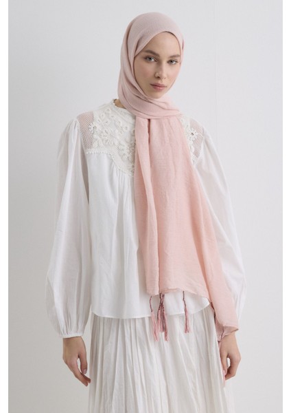 Drew Toz Pembe Bohem Uzun Saçaklı Pamuklu Şal