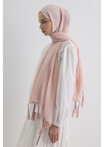 Drew Toz Pembe Bohem Uzun Saçaklı Pamuklu Şal