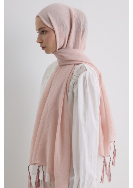 Drew Toz Pembe Bohem Uzun Saçaklı Pamuklu Şal