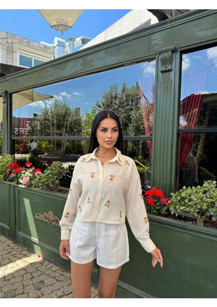 A.sarı Çiçek Nakışlı Kısa Pamuklu Gömlek modelleri