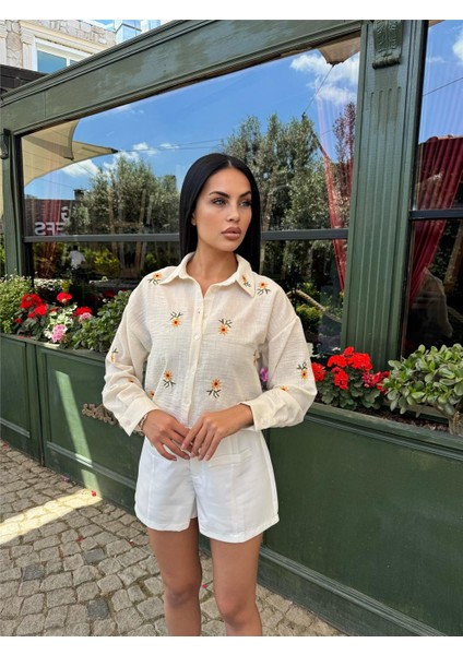 A.sarı Çiçek Nakışlı Kısa Pamuklu Gömlek indirimleri