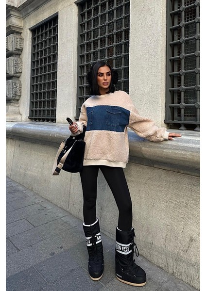 Kadın Taş Polyester Bisiklet Yaka Uzun Kollu Sweatshirt