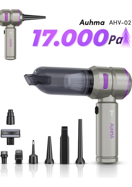 Ahv-02 Kablosuz Araç Içi Süpürge Mor | 17000PA Güçlü Vakum | Fırçasız Motor | Üfleme & Vakum Özellikli | 9 Başlık + Type-C Kablo
