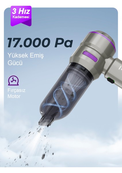 Ahv-02 Kablosuz Araç Içi Süpürge Mor | 17000PA Güçlü Vakum | Fırçasız Motor | Üfleme & Vakum Özellikli | 9 Başlık + Type-C Kablo modelleri