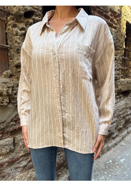 Taş Çizgili Oversize Düğmeli Gömlek