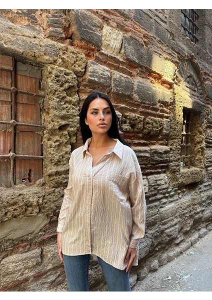 Taş Çizgili Oversize Düğmeli Gömlek fırsatları