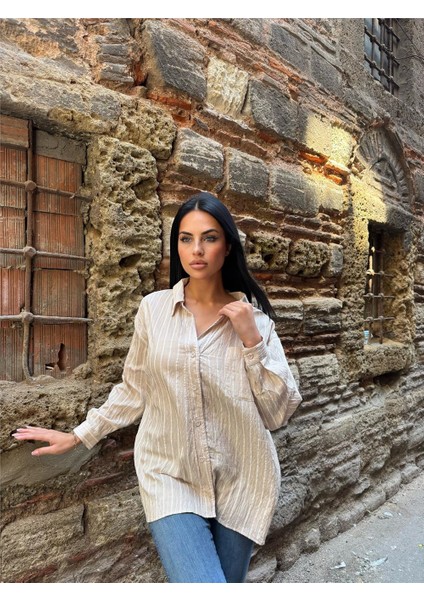 Taş Çizgili Oversize Düğmeli Gömlek indirimleri