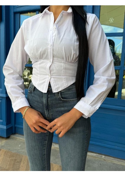 Beyaz Pamuk Polyester Parçalı Gömlek