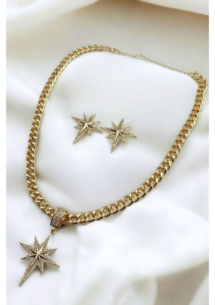 Gold Kuzey Yıldızlı Zirkon Taşlı Kolye ve Küpe Seti