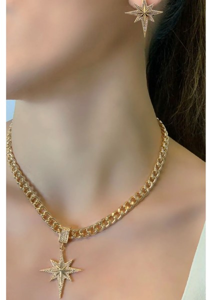 Gold Kuzey Yıldızlı Zirkon Taşlı Kolye ve Küpe Seti fiyatları