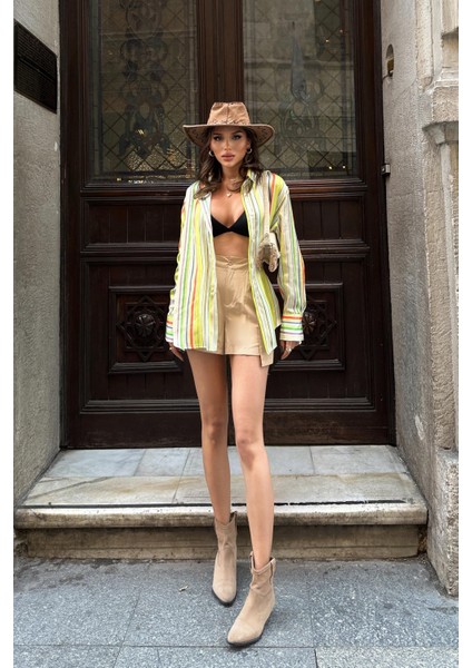 Kadın Sarı Çizgili Saten Dokuma Kısa Gömlek fiyatları