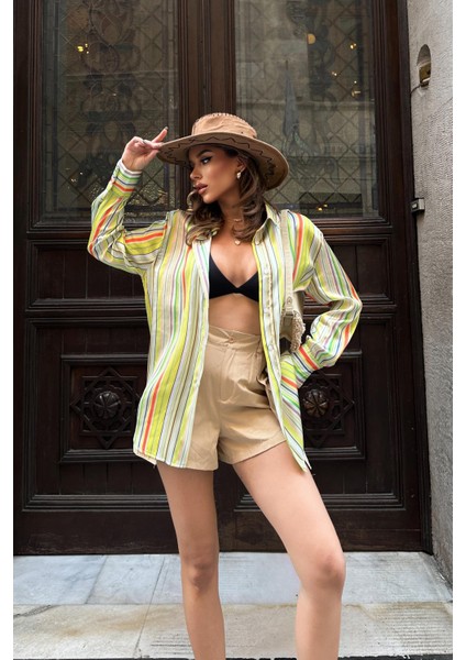 Kadın Sarı Çizgili Saten Dokuma Kısa Gömlek indirimleri