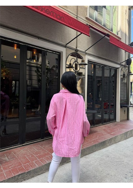 Pembe Çizgili Oversize Düğmeli Gömlek fiyatları