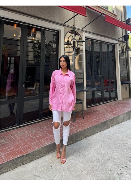 Pembe Çizgili Oversize Düğmeli Gömlek modelleri