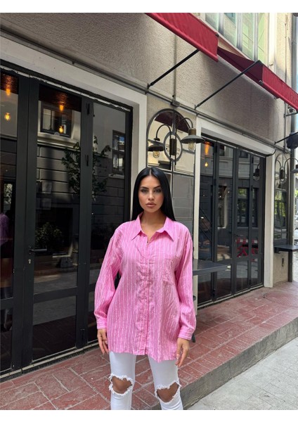 Pembe Çizgili Oversize Düğmeli Gömlek indirimleri