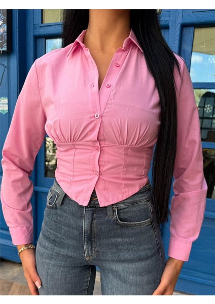 Pembe Polyester Pamuk Parçalı Gömlek