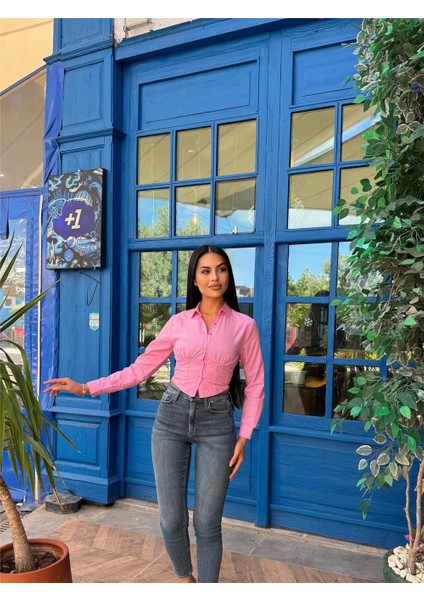 Pembe Polyester Pamuk Parçalı Gömlek modelleri