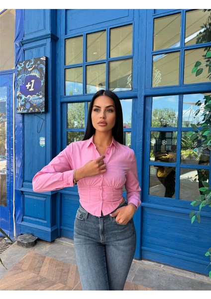 Pembe Polyester Pamuk Parçalı Gömlek indirimleri