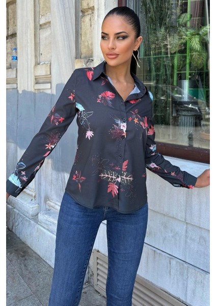 Kadın Siyah Desenli Klasik Yaka, Uzun Kol, Digital Baskılı Kumaş, Regular Kalıp/kesim, Gömlek