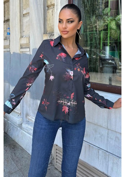 Kadın Siyah Desenli Klasik Yaka, Uzun Kol, Digital Baskılı Kumaş, Regular Kalıp/kesim, Gömlek fiyatları