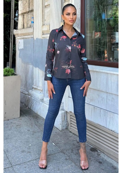 Kadın Siyah Desenli Klasik Yaka, Uzun Kol, Digital Baskılı Kumaş, Regular Kalıp/kesim, Gömlek modelleri