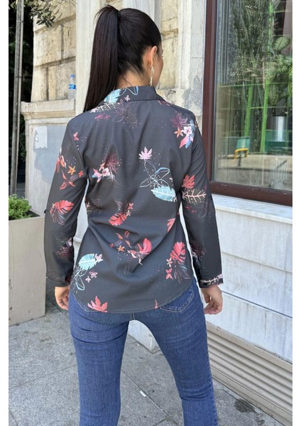 Kadın Siyah Desenli Klasik Yaka, Uzun Kol, Digital Baskılı Kumaş, Regular Kalıp/kesim, Gömlek indirimleri