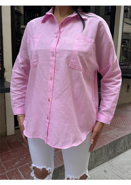 Pembe Oversize Pamuk Karışımlı Cepli Gömlek