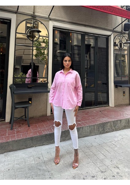 Pembe Oversize Pamuk Karışımlı Cepli Gömlek modelleri