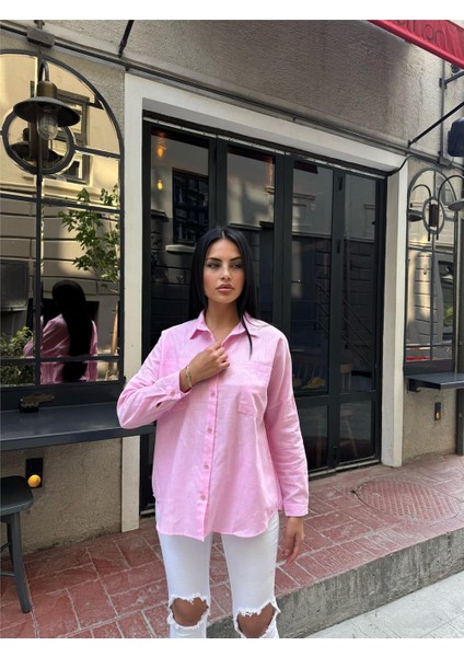 Pembe Oversize Pamuk Karışımlı Cepli Gömlek fırsatları