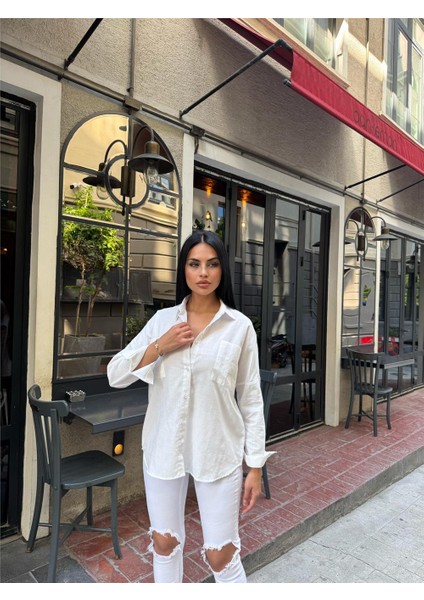 Beyaz Oversize Akrilik Pamuk Cepli Gömlek fiyatları