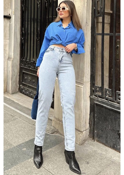 Kadın Açık Mavi Yüksek Bel, Rahat Kesim, Bol Paça Kot Pantolon - Jeans