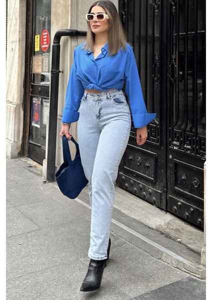 Kadın Açık Mavi Yüksek Bel, Rahat Kesim, Bol Paça Kot Pantolon - Jeans fiyatları