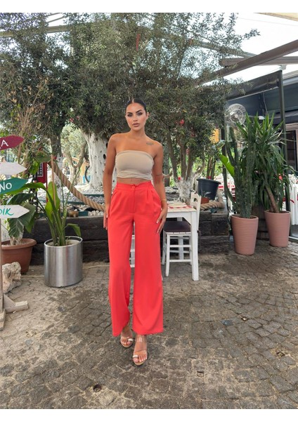 Mercan Likralı Palazzo Beli Lastikli Pantolon fırsatları