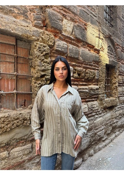 Haki Çizgili Oversize Keten Gömlek fiyatları