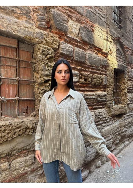Haki Çizgili Oversize Keten Gömlek fırsatları
