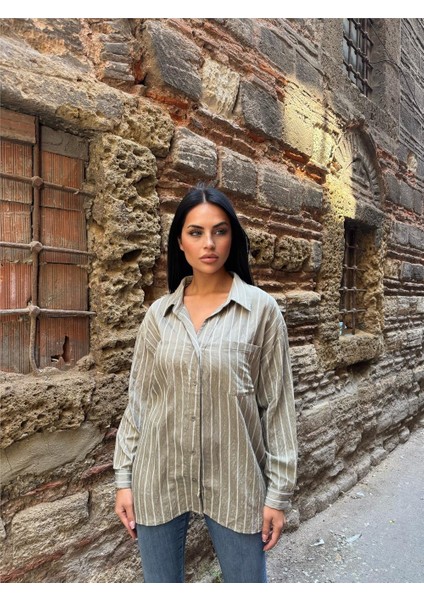 Haki Çizgili Oversize Keten Gömlek indirimleri