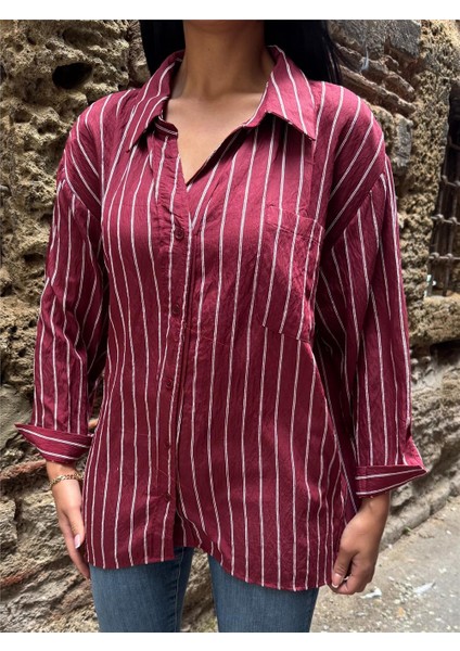 Bordo Çizgili Oversize Düğmeli Gömlek