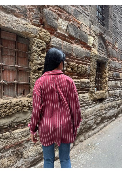 Bordo Çizgili Oversize Düğmeli Gömlek fiyatları