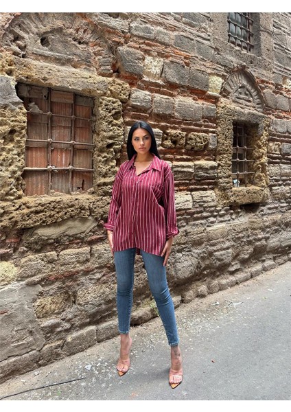 Bordo Çizgili Oversize Düğmeli Gömlek modelleri