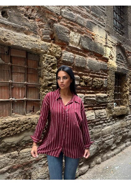 Bordo Çizgili Oversize Düğmeli Gömlek fırsatları