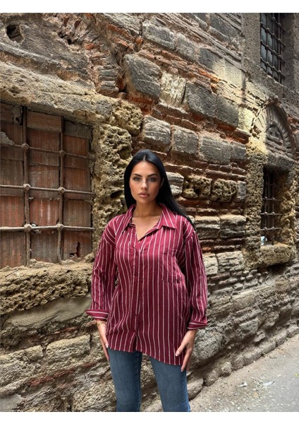 Bordo Çizgili Oversize Düğmeli Gömlek indirimleri