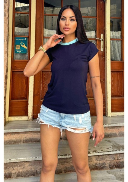 Kadın Laci Omuz ve Yaka Detaylı, Renk Bloklu Garnili Kısa Kol T-Shirt Bluz fiyatları