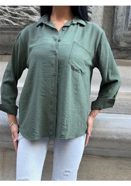 Haki Kırışık Oversize %100 Pamuk Gömlek