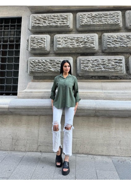 Haki Kırışık Oversize %100 Pamuk Gömlek modelleri