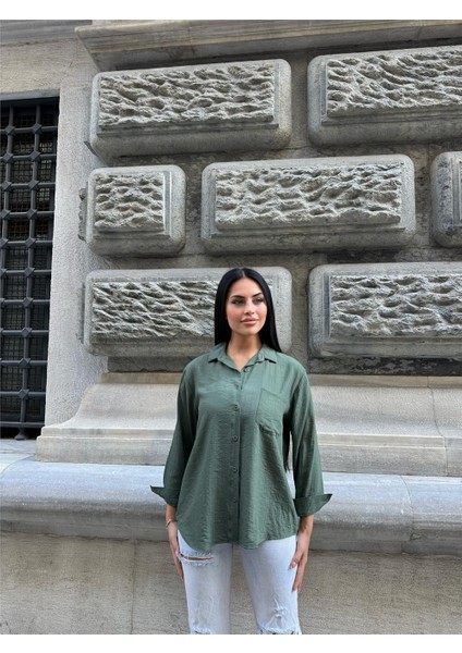 Haki Kırışık Oversize %100 Pamuk Gömlek fırsatları