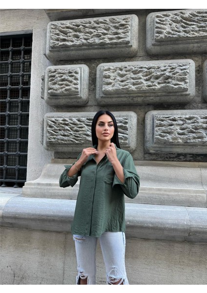 Haki Kırışık Oversize %100 Pamuk Gömlek indirimleri