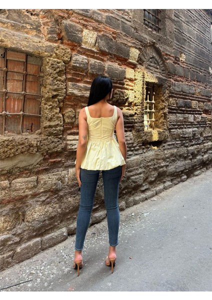 Sarı Pamuk Polyester Kare Yaka Balon Bluz fiyatları