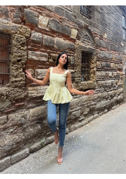 Sarı Pamuk Polyester Kare Yaka Balon Bluz modelleri