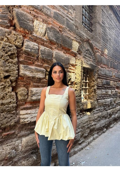 Sarı Pamuk Polyester Kare Yaka Balon Bluz fırsatları