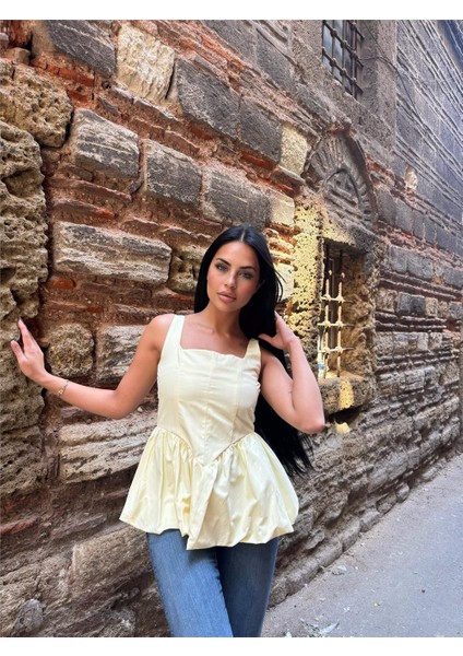 Sarı Pamuk Polyester Kare Yaka Balon Bluz indirimleri
